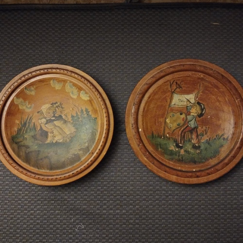 Vintage Hand Painted Wooden Plate Wall Hanging